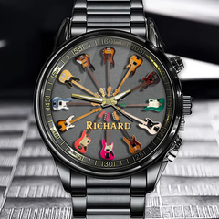Personalized Rock Around the Clock Bass Guitar Watch for Music Lovers Gray background