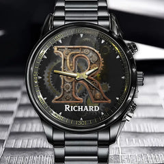 Personalized Steampunk Initial Watch - Gear-Embellished Monogram Dial with Custom Name