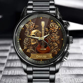 Personalized Guitar & Skull Themed Watch - Elegant Rose Accent Design with Custom Name Option