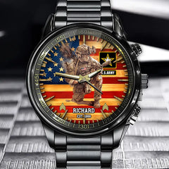Personalized Military Veteran Watch - Custom Rank Name Division Veteran American Rustic Flag Gift For Veterans