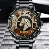 Personalized Equestrian Horse Watch - Horse Head, Saddle, Horseshoe & Rodeo Medal Themed Dial And Custom Name