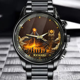 Personalized Volcano Expedition Watch - Glowing Tower & Hooded Figures Dial And Custom Name Option