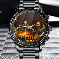 Personalized Volcano Expedition Watch - Glowing Tower & Hooded Figures Dial And Custom Name Option