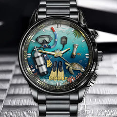 Personalized Diving Theme Watch - Underwater Gear & Turtle Design with Custom Name