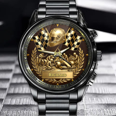 Personalized Racing Watch with Custom Formula Car and Pit Crew Design