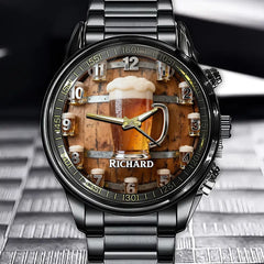 Personalized Beer Theme Watch - Mug & Barrel Design And Custom Name Personalization