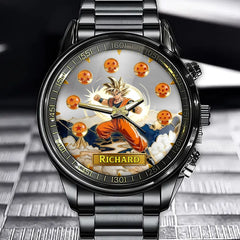 Personalized Anime Hero Watch - Spiky-Haired Warrior & Energy Orbs Theme with Custom Name