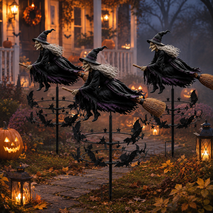 🔥49% OFF Last Day🧙‍♀️ Enchanted Witch Garden Spinner – Halloween Flying Witch & Bat Yard Stake Decor