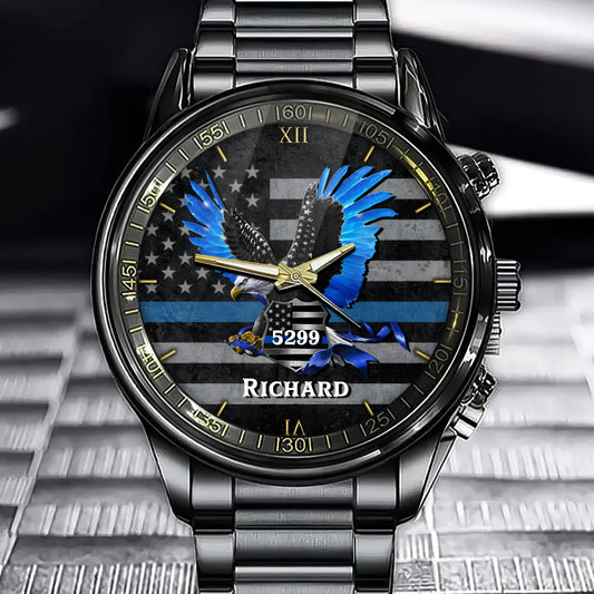 Personalized Thin Blue Line Eagle Watch – Custom Name and Officer Number