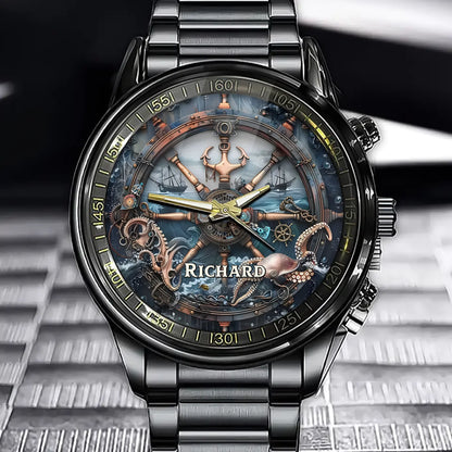Personalized Steampunk Helm Watch – Custom Name Design with Nautical Flair