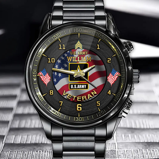Personalized US Veteran Custom Branch, Rank & Name Watch