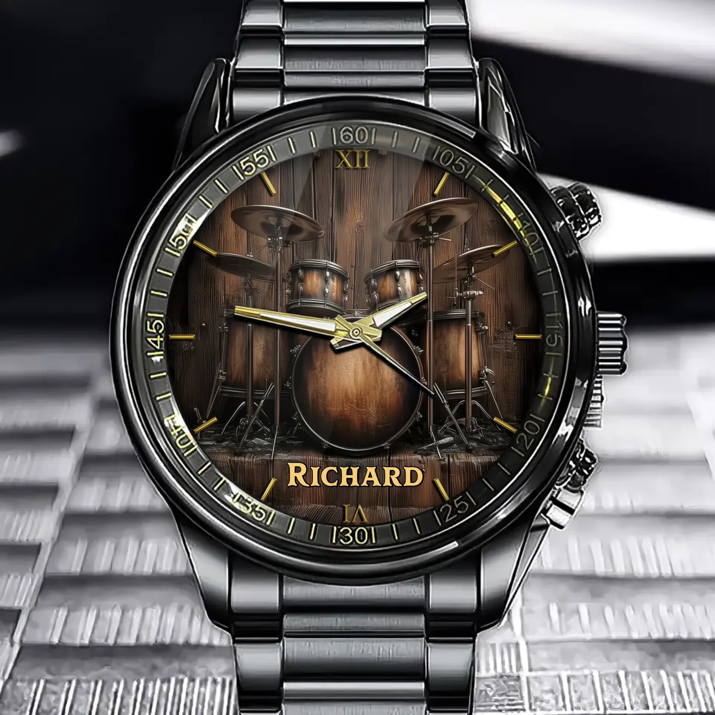 Personalized Rustic Drum Set Watch - Add Your Name to the Heartbeat of Music