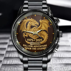 Personalized D&D 50th Anniversary Fantasy Watch – Gold Dice & Dragon Design