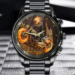 Personalized Flame Rider Watch - Custom Flame Skull & Motorcycle Design Timepiece for Speed Enthusiasts