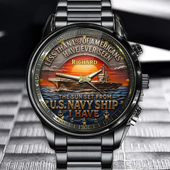 Personalized Us Navy Ship-Themed Watch - Sunset Naval Ship Style Watches With Customizable Names