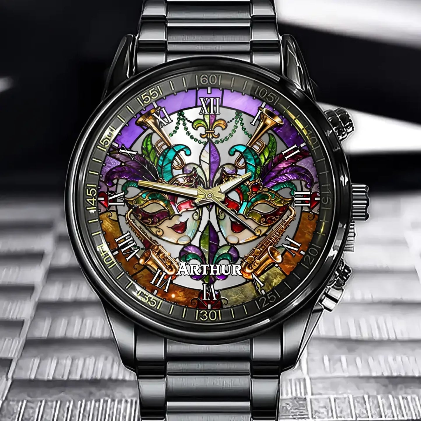 Personalized Mardi Gras Watch – Custom Name, Artistic Carnival Theme