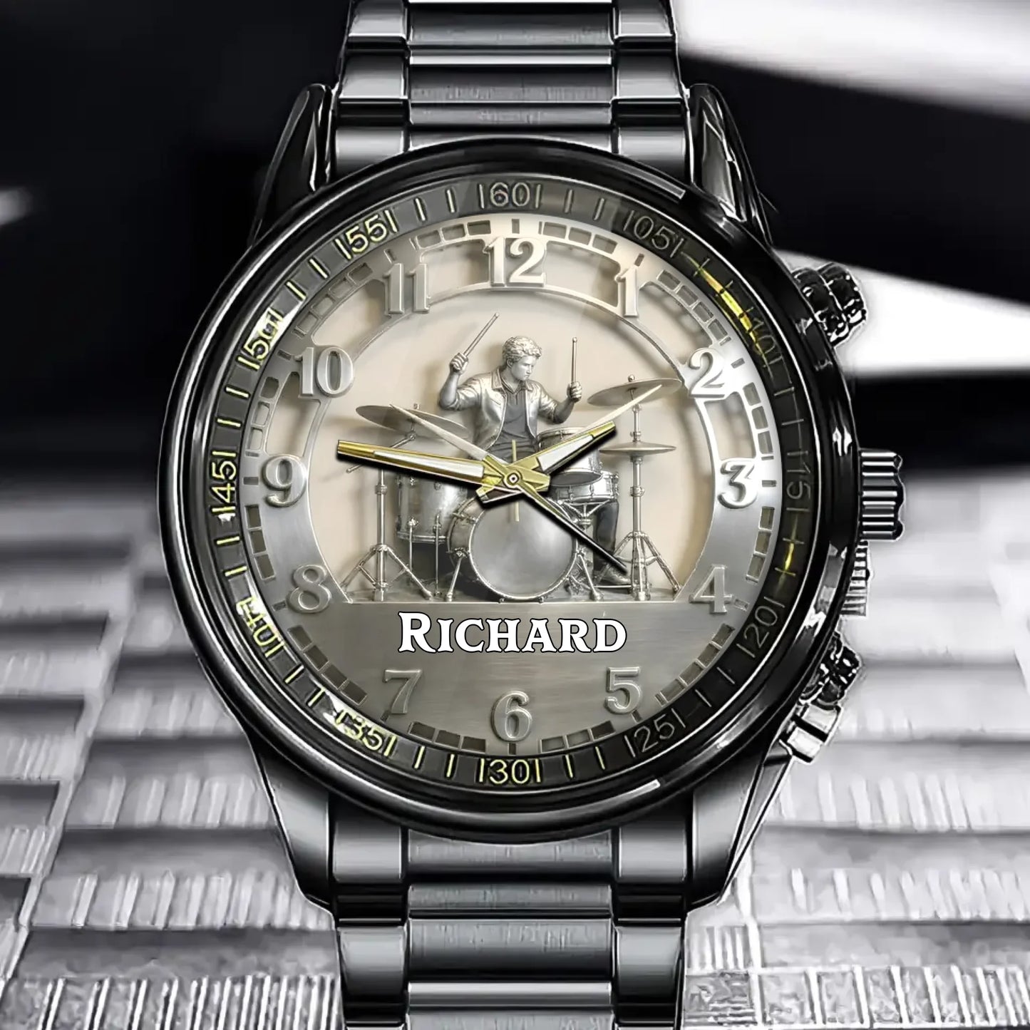 Personalized Drum Player Themed Watch – Custom Name  & Realistic Drumming Scene Design