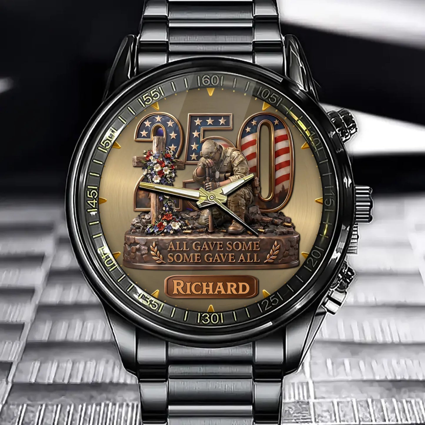 Personalized Veteran Tribute Watch – Custom Name With Memorial Scene and Flag