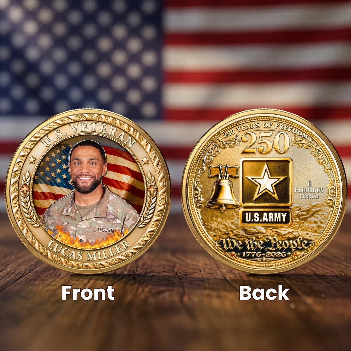 Custom Veteran Coin - Personalized U.S. Veteran 250 Years Of Freedom Photo Keepsake