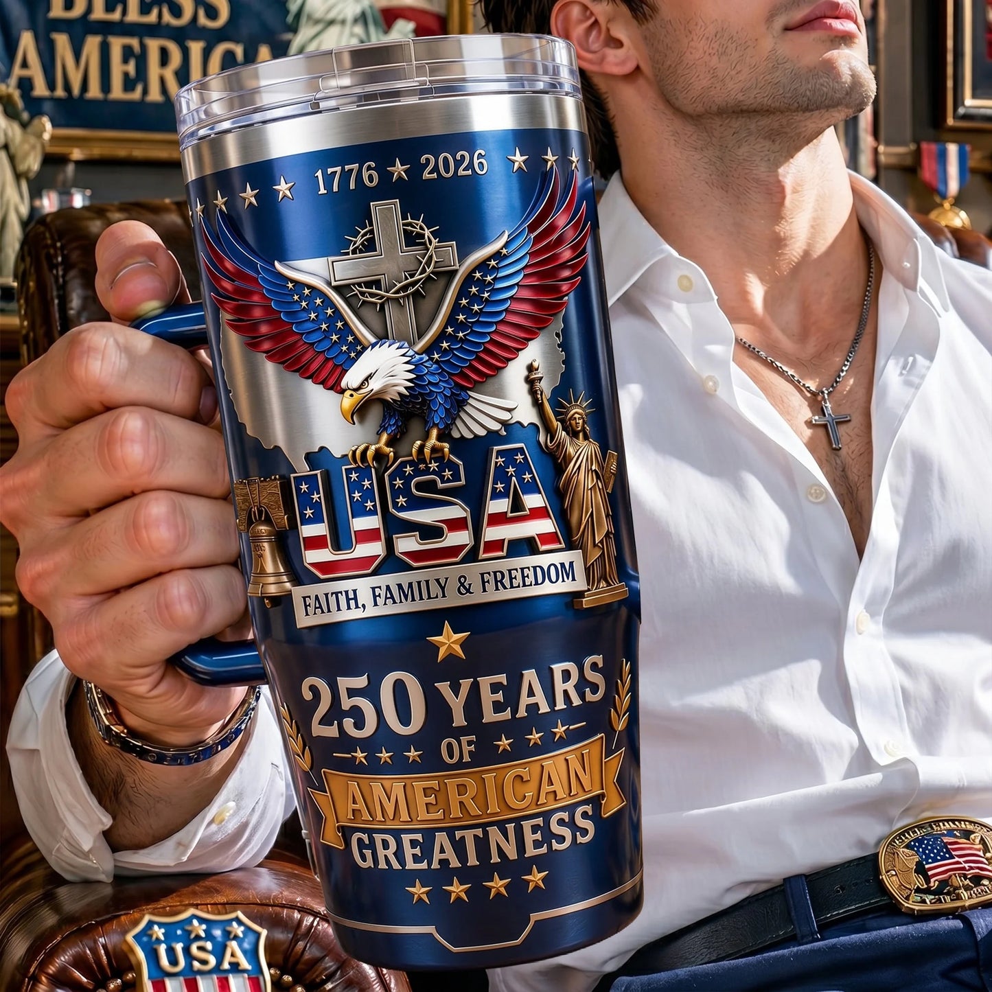 Custom Faith Family & Freedom Tumbler - Personalized Patriotic Gift - Proud To Be American