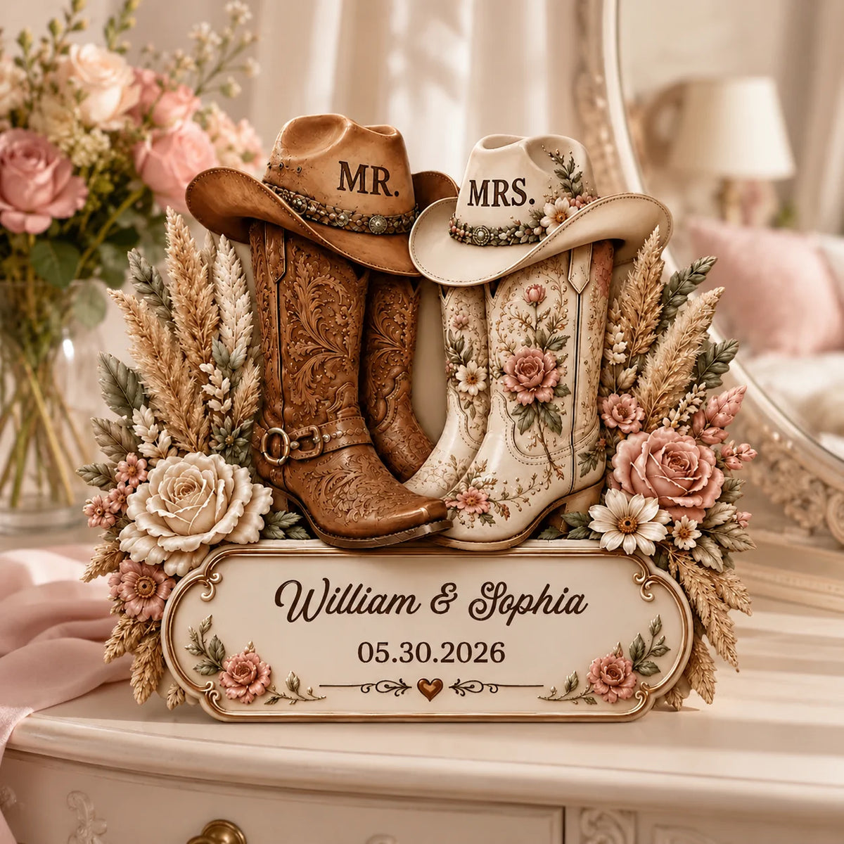 Custom Cowboy Boots Wooden Plaque - Personalized Wedding Gifts For Couples - Two Hearts, One Trail