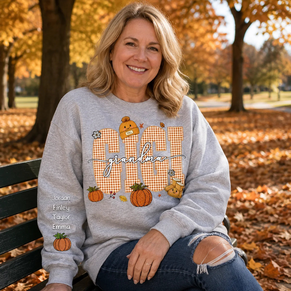Custom Gigi Sweatshirt - Personalized Grandkids Names Gift - Pumpkin Kisses & Grandma Wishes
