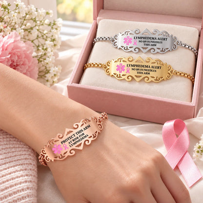 Custom Medical Alert Bracelet - Personalized Pink Ribbon Lymphedema Awareness Jewelry - Wear Your Courage